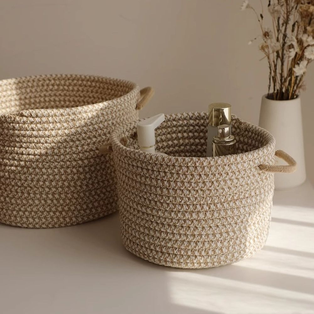 Mini rope woven storage basket by Everything Baby, cute toy box organizer for nursery, living room, or closet storage.