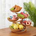 Small woven fruit basket stand with imitation rattan baskets for farmhouse rustic vegetable storage and countertop salad display.