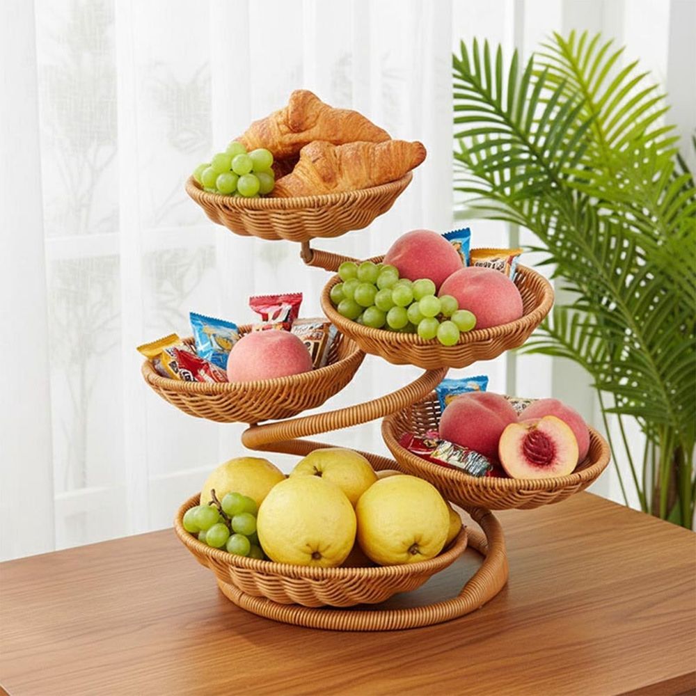 Small woven fruit basket stand with imitation rattan baskets for farmhouse rustic vegetable storage and countertop salad display.