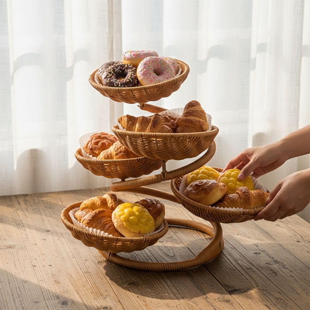 Small woven fruit basket stand by Everything Baby, rustic imitation rattan vegetable storage for farmhouse salad buffet display.