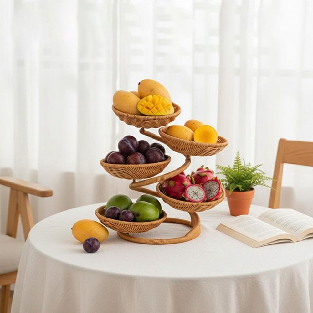 Small woven fruit basket stand with imitation rattan design, perfect for rustic vegetable storage and countertop display.