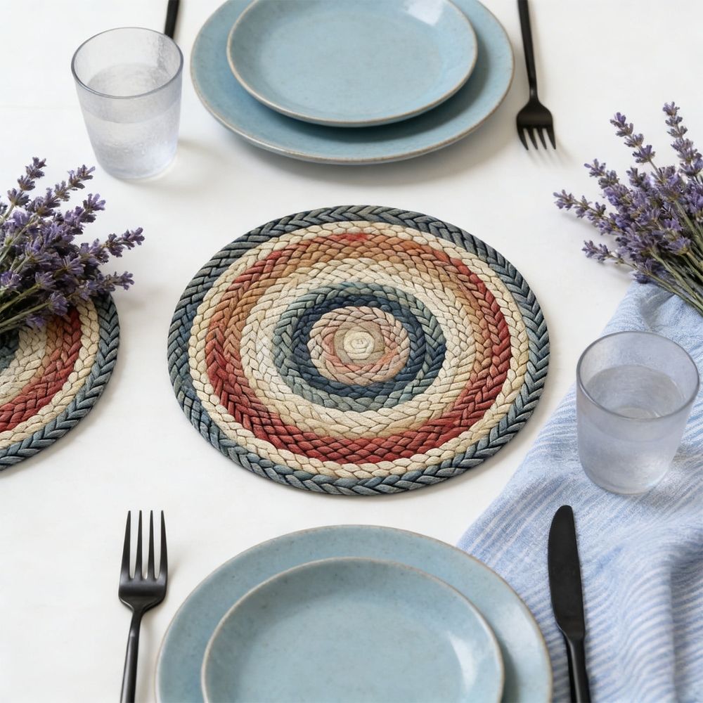 Retro round placemats from Everything Baby, decorative farmhouse-style table mats for kitchen and dining room decor.