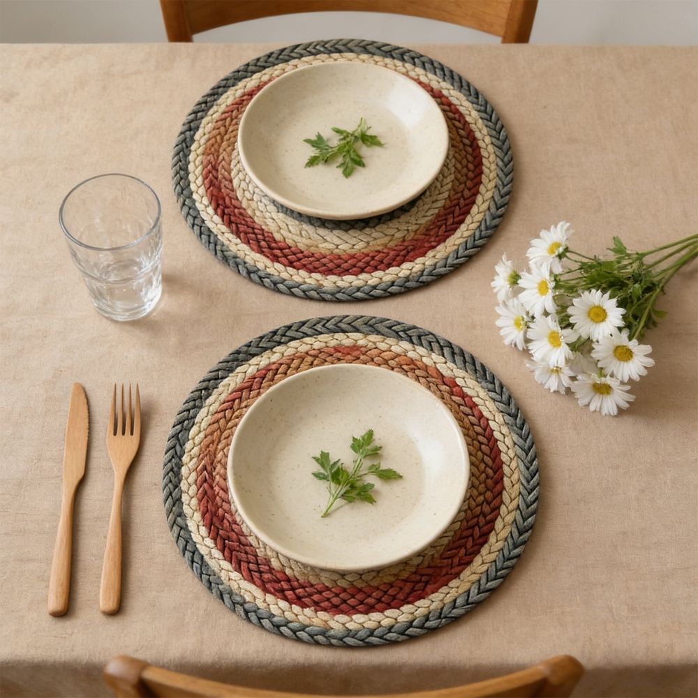 Retro round placemats from Everything Baby, decorative table mats for farmhouse-style dining and kitchen decor.