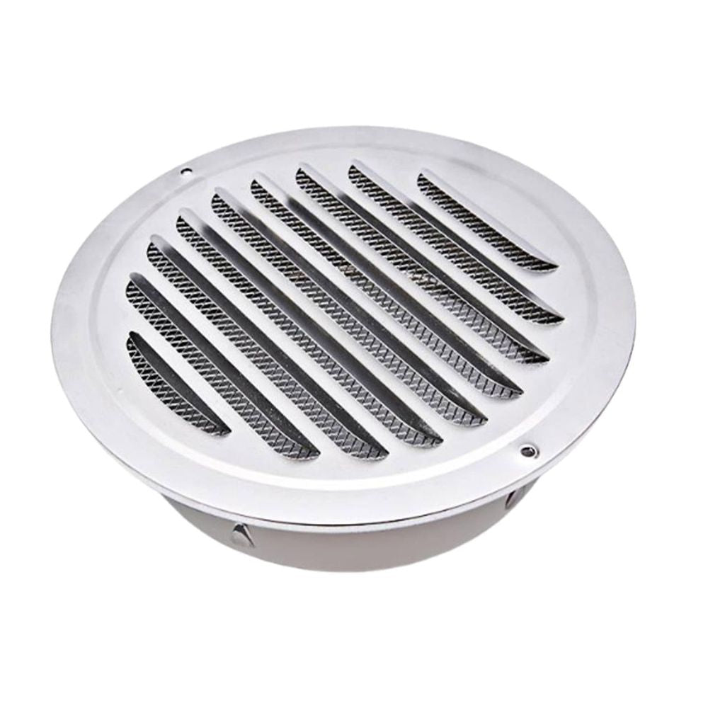 Round stainless steel vent cover with screen mesh, suitable for kitchen, bathroom, or office ventilation.