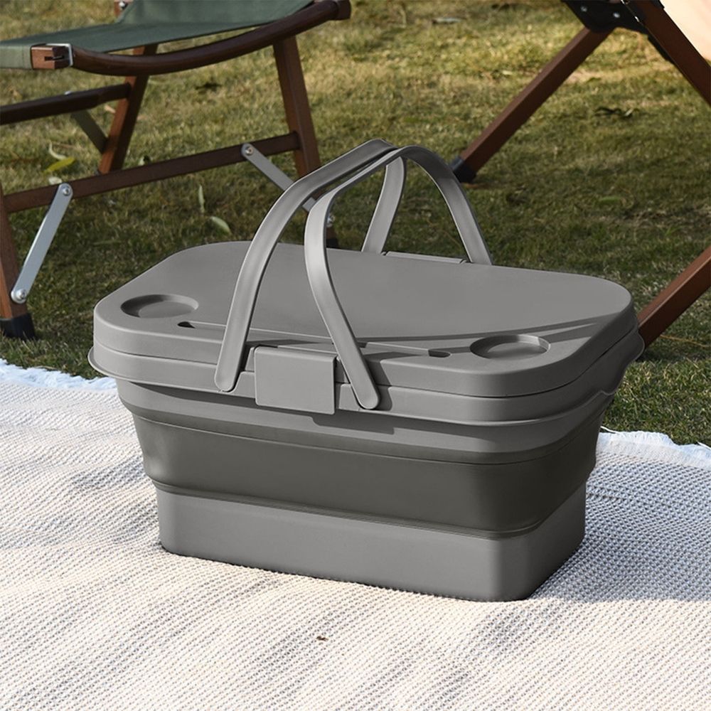 Foldable camping storage box by Everything Baby, water-repellent, large capacity, with handle, doubles as a chopping board for outdoor activities.