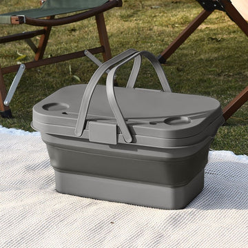 Foldable camping storage box by Everything Baby, water-repellent, large capacity, with handle, doubles as a chopping board for outdoor activities.