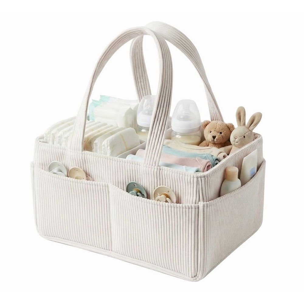 Large corduroy nursery diaper storage basket with handle and adjustable dividers, ideal for baby supplies organization.