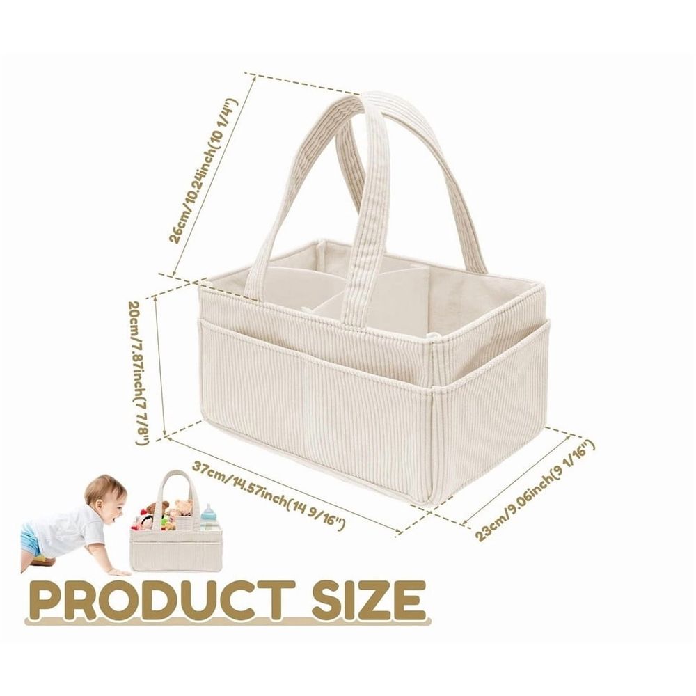 Portable corduroy nursery diaper storage basket with handle, adjustable dividers, large capacity for baby supplies organization.