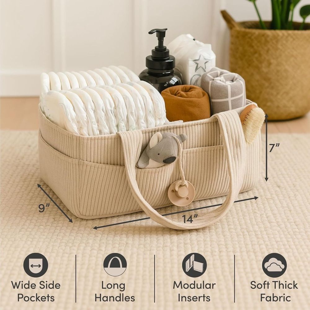 Portable corduroy nursery diaper storage basket with handle, adjustable dividers, large capacity for baby supplies organization.