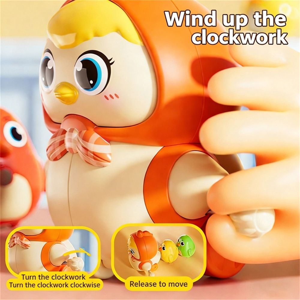 Wind-up chicken toy for kids, featuring a swinging, walking hen and chick, suitable for pretend play and learning activities.