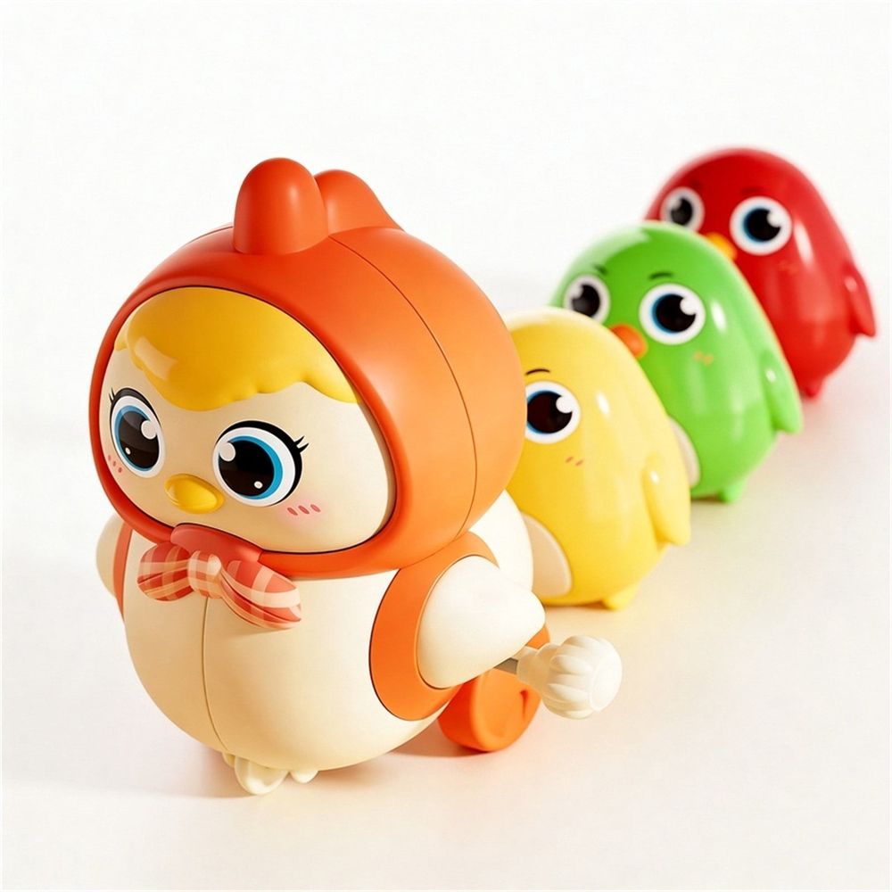 Wind-up chicken toy for kids, showcasing a swinging, walking hen and chick in colorful pretend play design by Everything Baby.