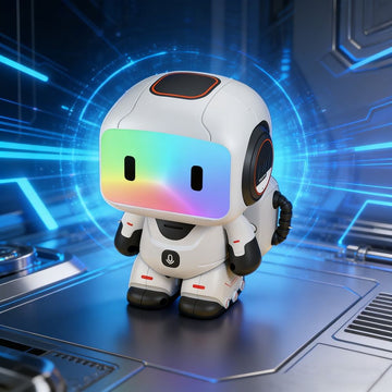 Blue interactive remote control robot toy with touch sensor lights, designed as an educational electronic pet for kids.