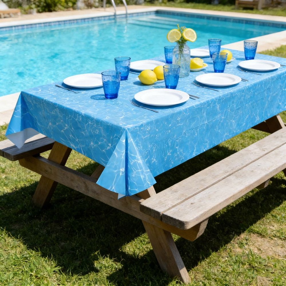 Blue sea-themed disposable tablecloth with stain-resistant surface, ideal for birthday parties, beach events, and summer gatherings.