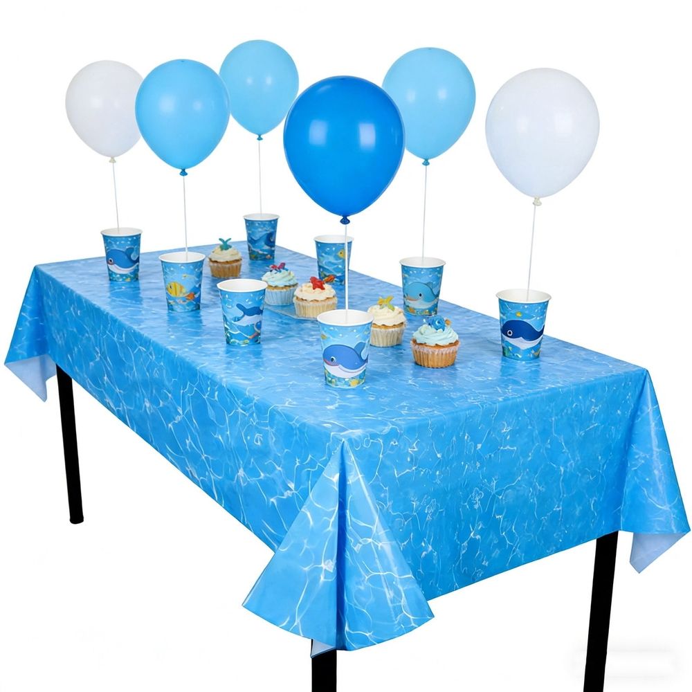 Blue sea-themed disposable tablecloth with stain-resistant surface, perfect for beach or summer birthday parties and kid's pretend play.