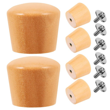 Set of six colorful wooden handles for pot lids, suitable as replacement knobs for kitchen cookware and pretend play toys.