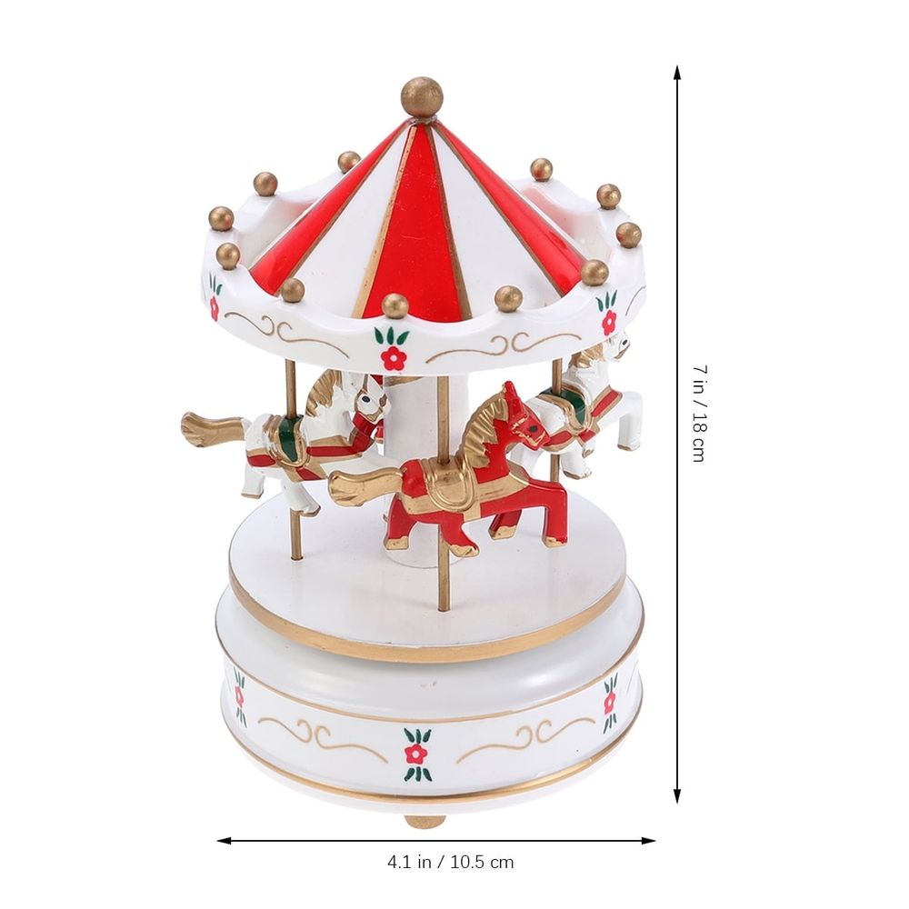 Red carousel music box by Everything Baby with mechanical movement, suitable for kids, featuring colorful carousel design.