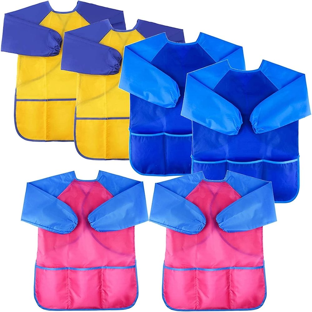 Six waterproof kids' art smocks by Everything Baby, toddler painting aprons with long sleeves and three pockets for ages 2-7.