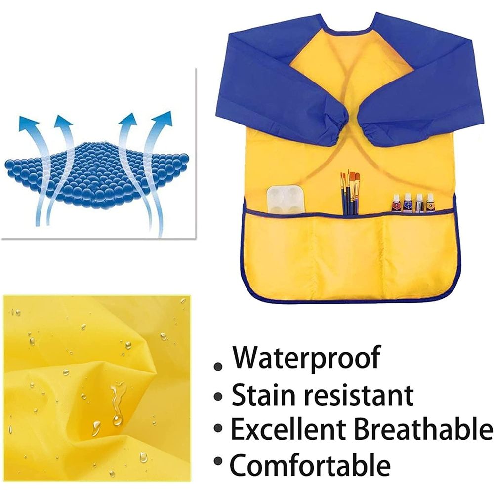 Six waterproof kids' art smocks with long sleeves and three pockets, suitable for toddlers and young children for painting activities.