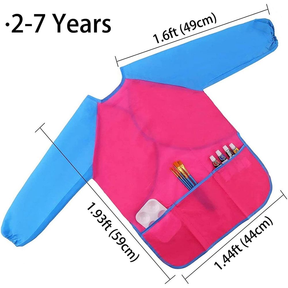 Six waterproof kids’ art smocks with long sleeves and three pockets, ideal for toddlers and children aged 2-7 years.