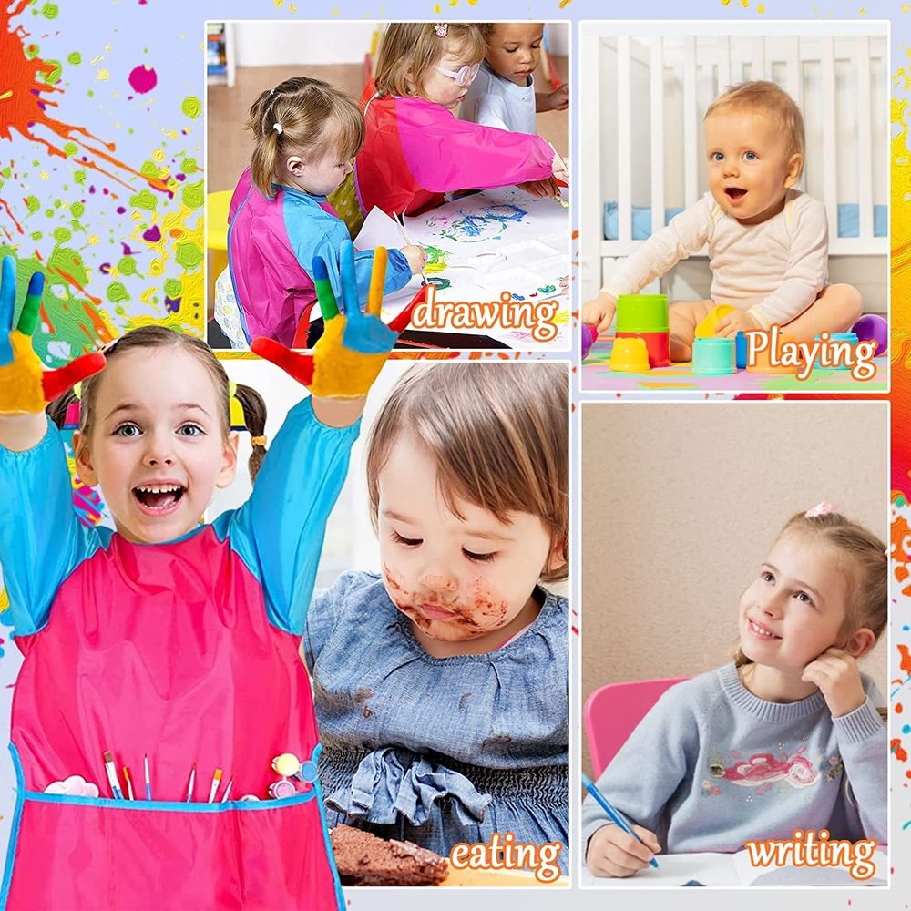 Six waterproof kids' art smocks with long sleeves and three pockets, designed for toddlers aged 2-7 years, by Everything Baby.