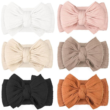 Six handmade baby headbands with double bows, nylon hair accessories for newborns, infants, and toddler girls.