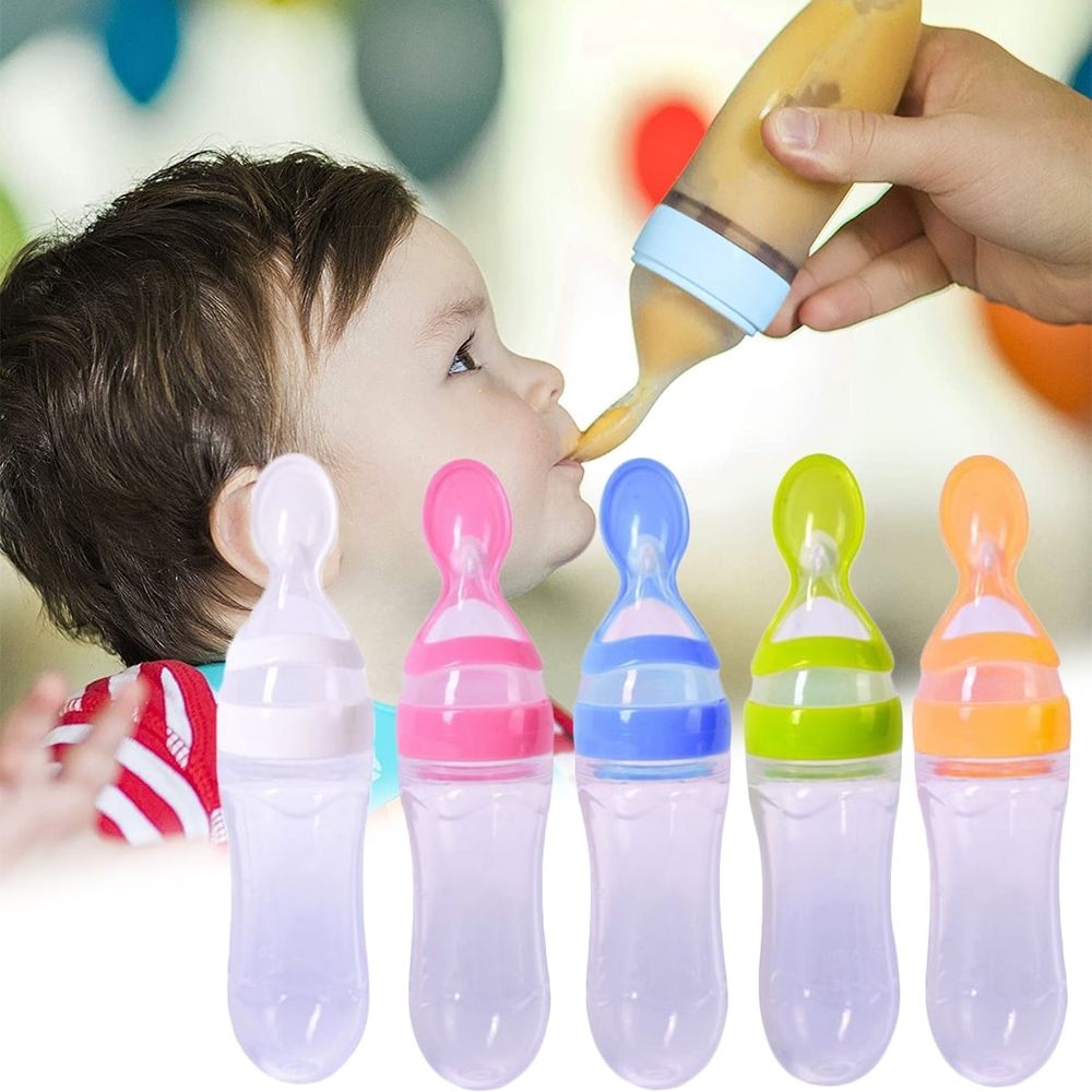 Silicone squeeze bottle spoon for baby feeding, with dispensing cap, 90ml capacity, suitable for cereal, rice, and toddler food.