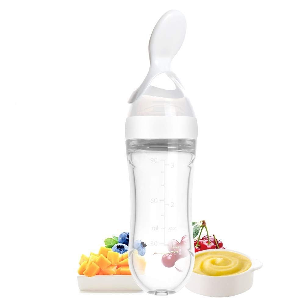 Silicone squeeze baby feeding spoon with 90ml dispenser for cereal, rice, and toddler food from Everything Baby