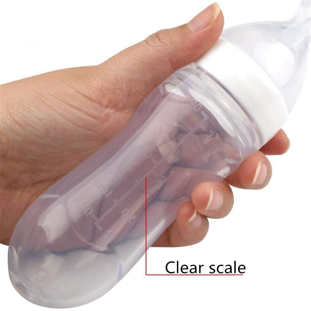 Silicone squeeze bottle and dispensing spoon for baby feeding, with 90ml capacity, from Everything Baby for toddler cereal and rice supplements.