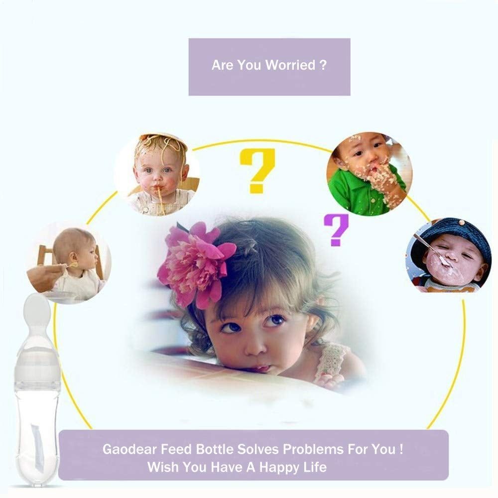 Silicone baby feeding squeeze bottle with dispensing spoon, 90ml, for cereal, rice, and toddler food supplements, by Everything Baby.