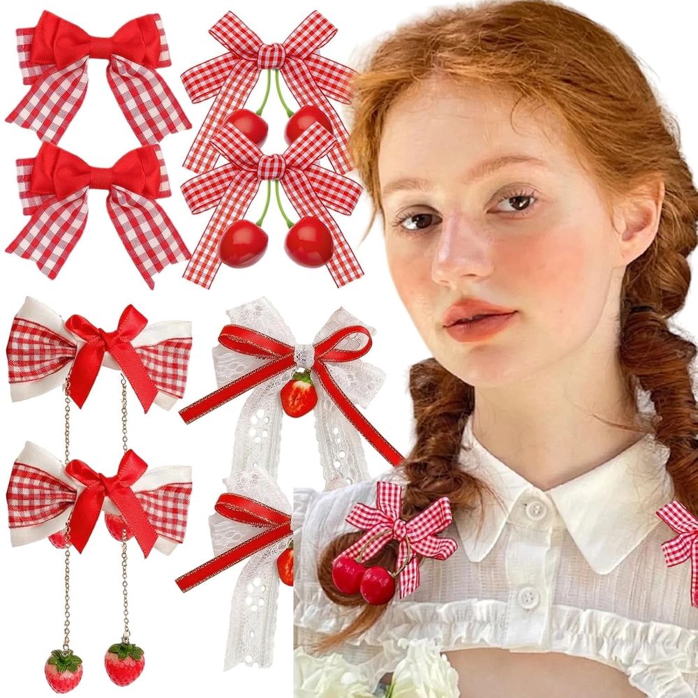 Set of 8 cherry and strawberry-themed bow hair clips for girls, featuring red and white lace and gingham designs, perfect for festive occasions.