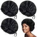 Black 3-pack large satin sleep bonnets for girls with adjustable drawstrings, ideal for curly hair and braids, from Everything Baby.