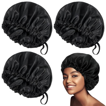 Black 3-pack large satin sleep bonnets for girls with adjustable drawstrings, ideal for curly hair and braids, from Everything Baby.