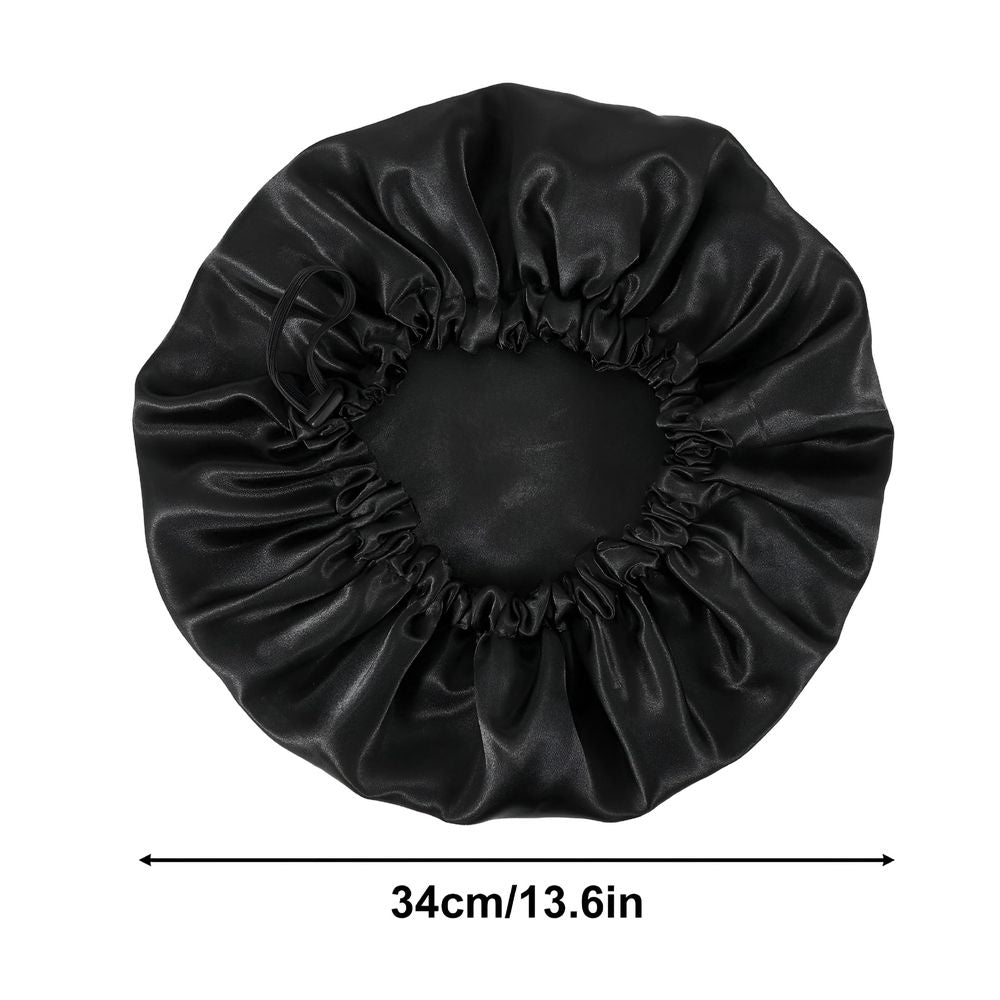 Three black satin sleep bonnets for girls, double-layer, adjustable drawstring night caps for curly hair and braids.