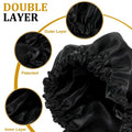 Three black satin sleep bonnets for girls with adjustable drawstrings, double-layer design, ideal for curly hair and braids.