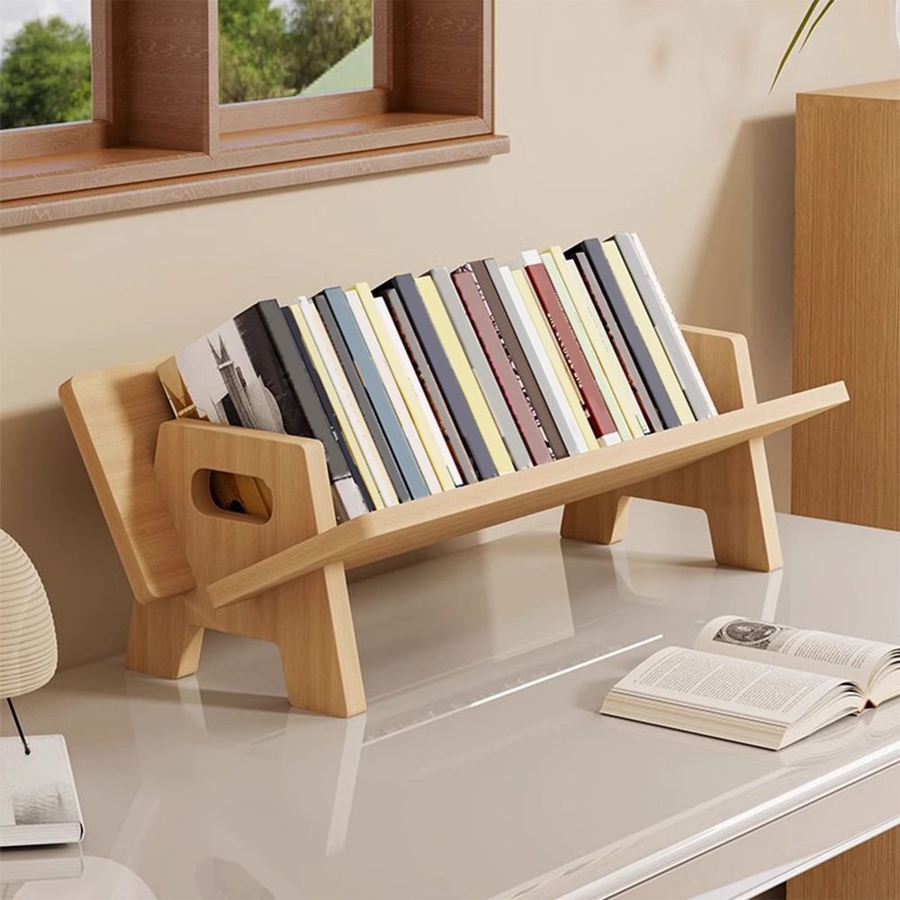 Wood bookshelf desktop storage rack by Everything Baby, tilted book holder for magazines, novels, and textbooks on a small desk or shelf.