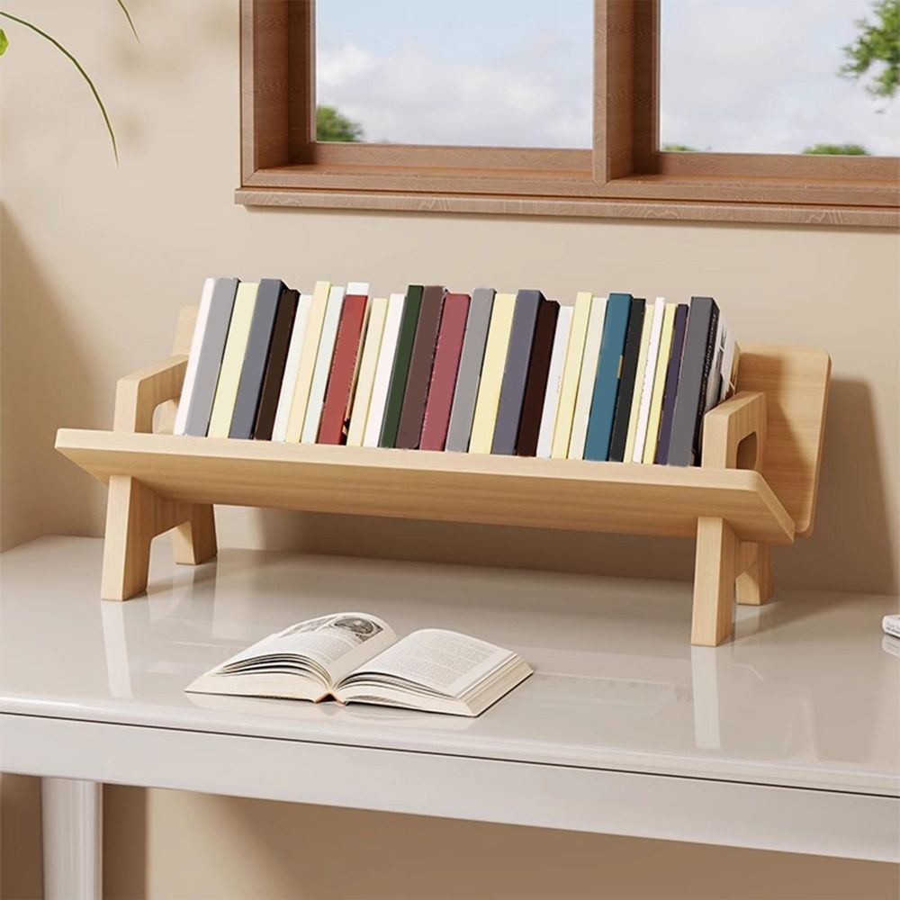 Wood bookshelf desktop storage rack by Everything Baby, tilted kid's book stand for magazines, novels, and textbooks on a desk.