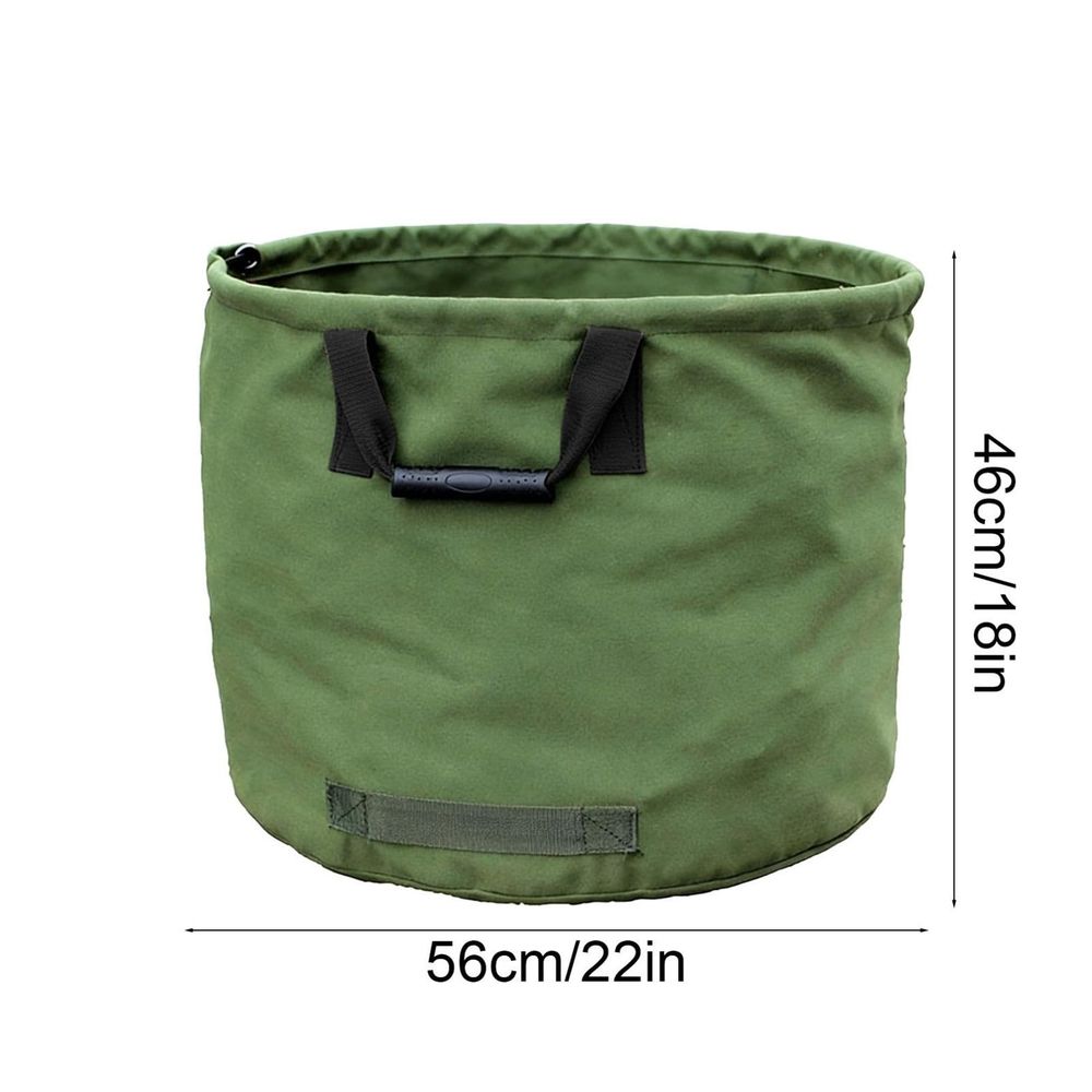 Heavy-duty 30-gallon canvas leaf bag with rubber grip handles for yard waste, outdoor cleanup, gardening, and camping storage.