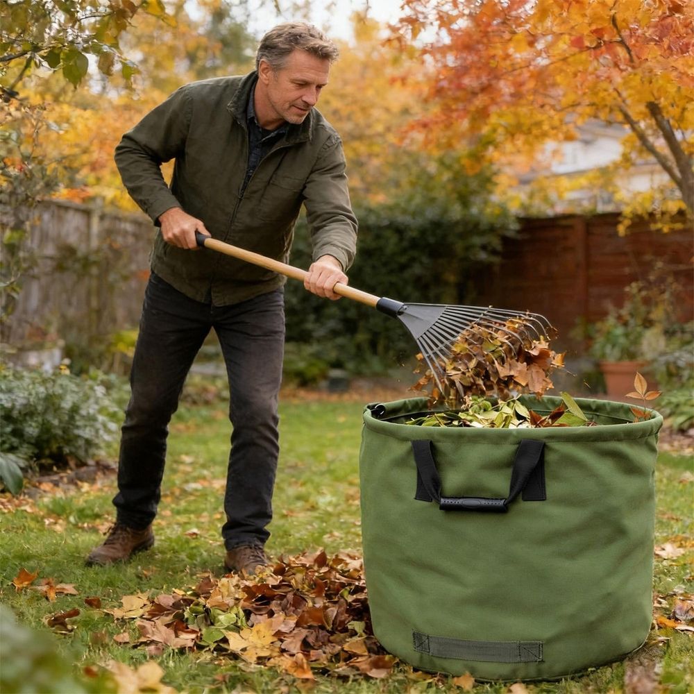 Heavy duty 30-gallon canvas leaf bag with rubber grip handles for yard waste, gardening debris, and outdoor cleanup.