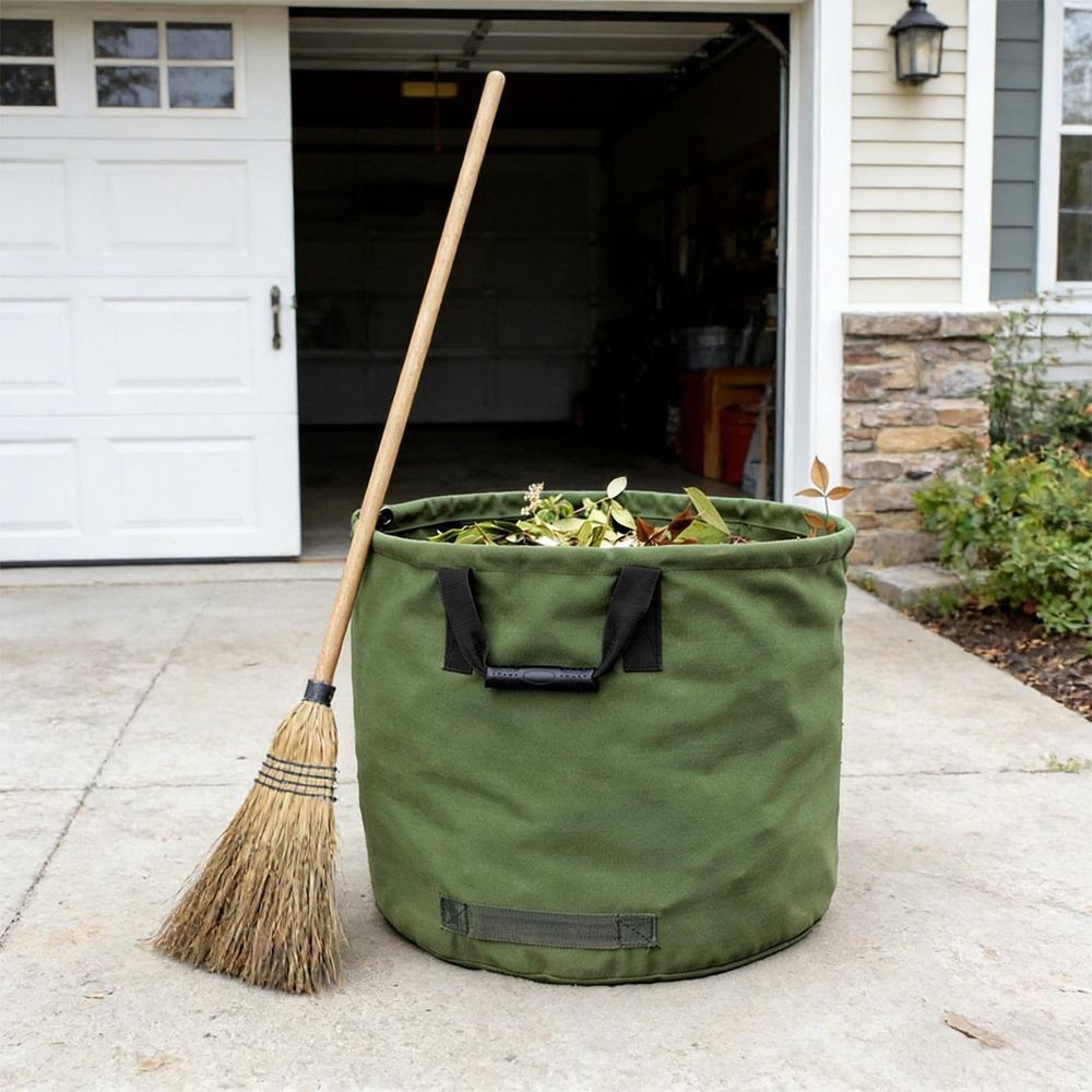 Heavy-duty 30-gallon canvas leaf bag with rubber handles for yard waste, gardening debris, and outdoor cleanup.