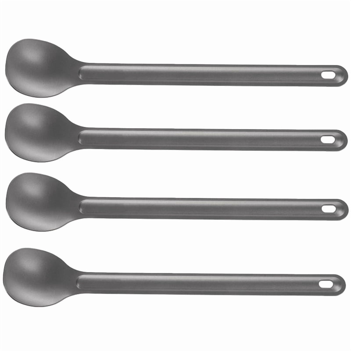Four titanium camping spoons with long handles, 21.5cm x 3.9cm, suitable for outdoor camping and outdoor tableware use.