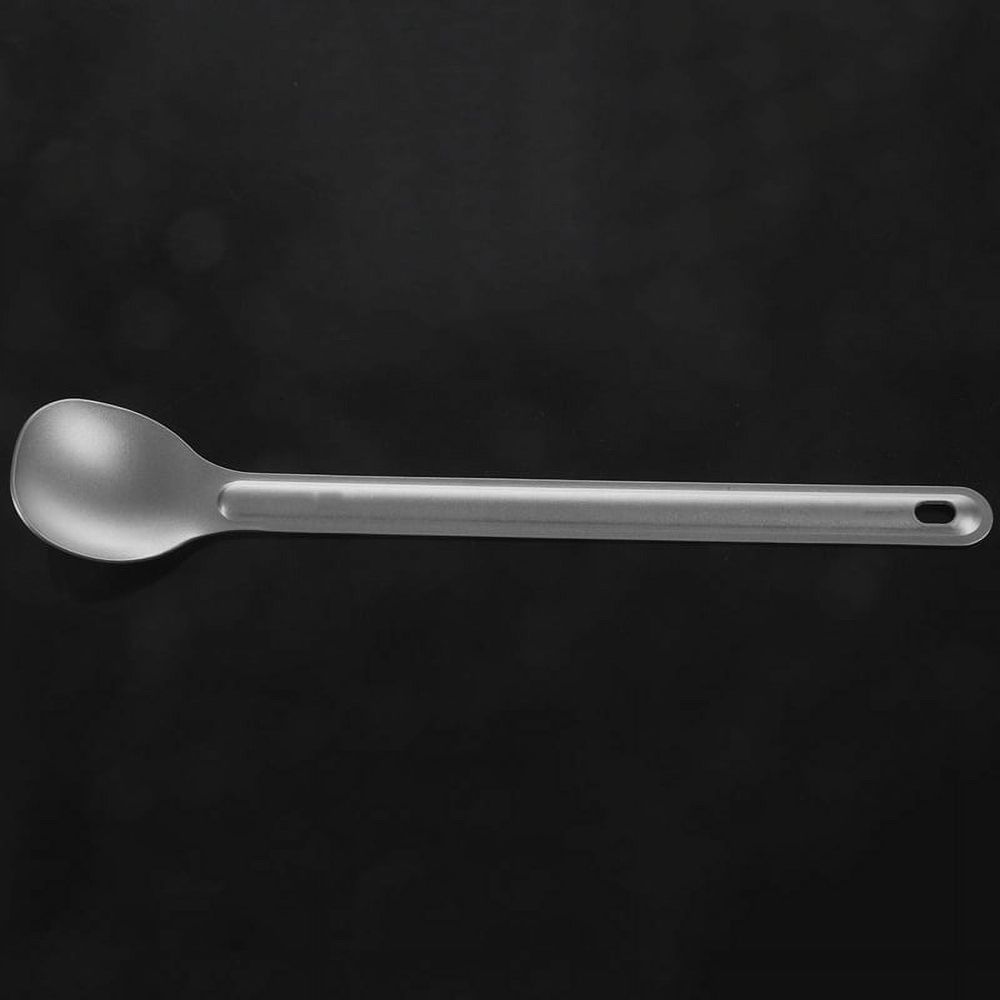Four titanium camping spoons with long handles, 21.5cm by 3.9cm, designed for outdoor tableware and camping use.