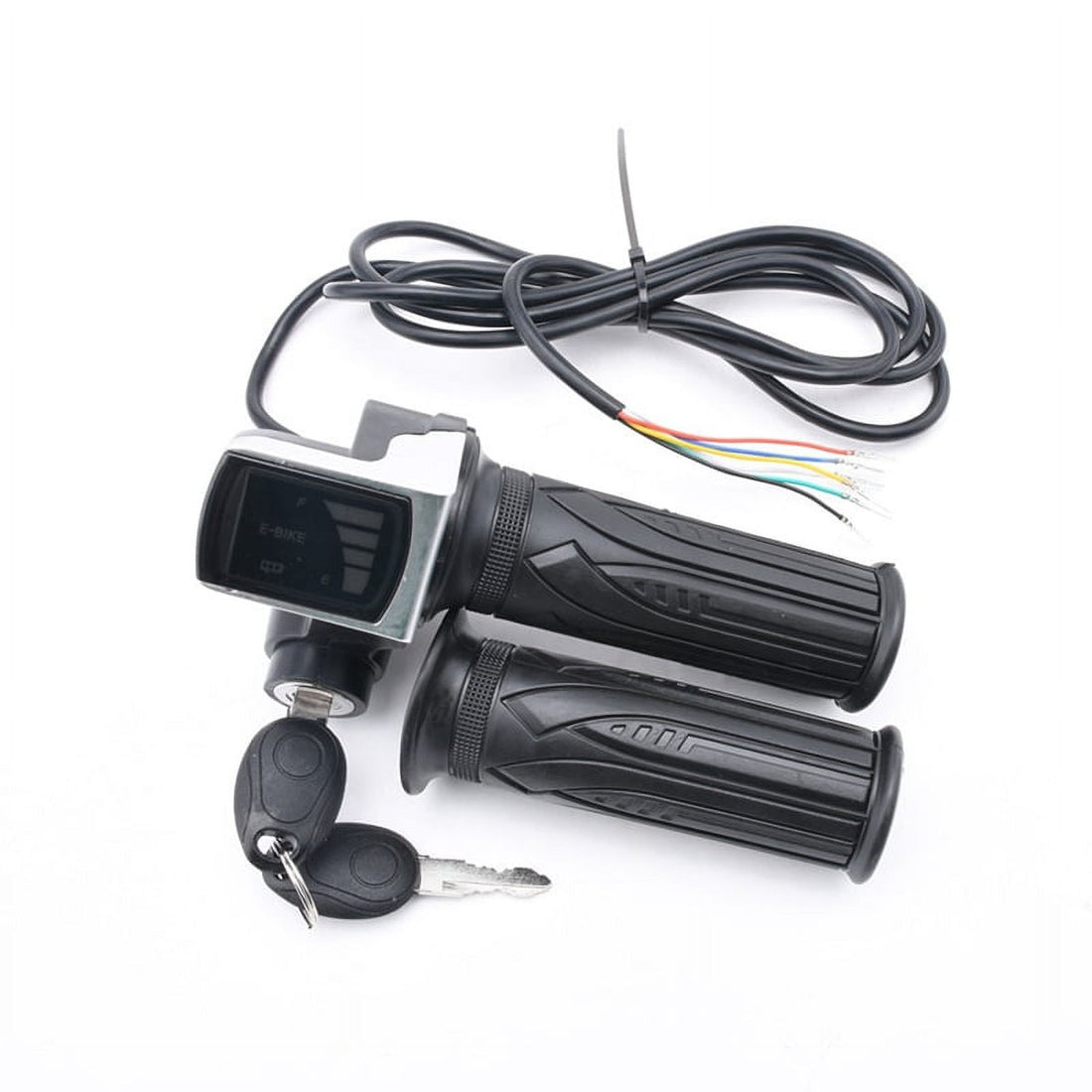 Electric bike throttle grip with LCD display and power key locker for 48V electric bicycles and scooters, suitable for kids' ride-on vehicles.