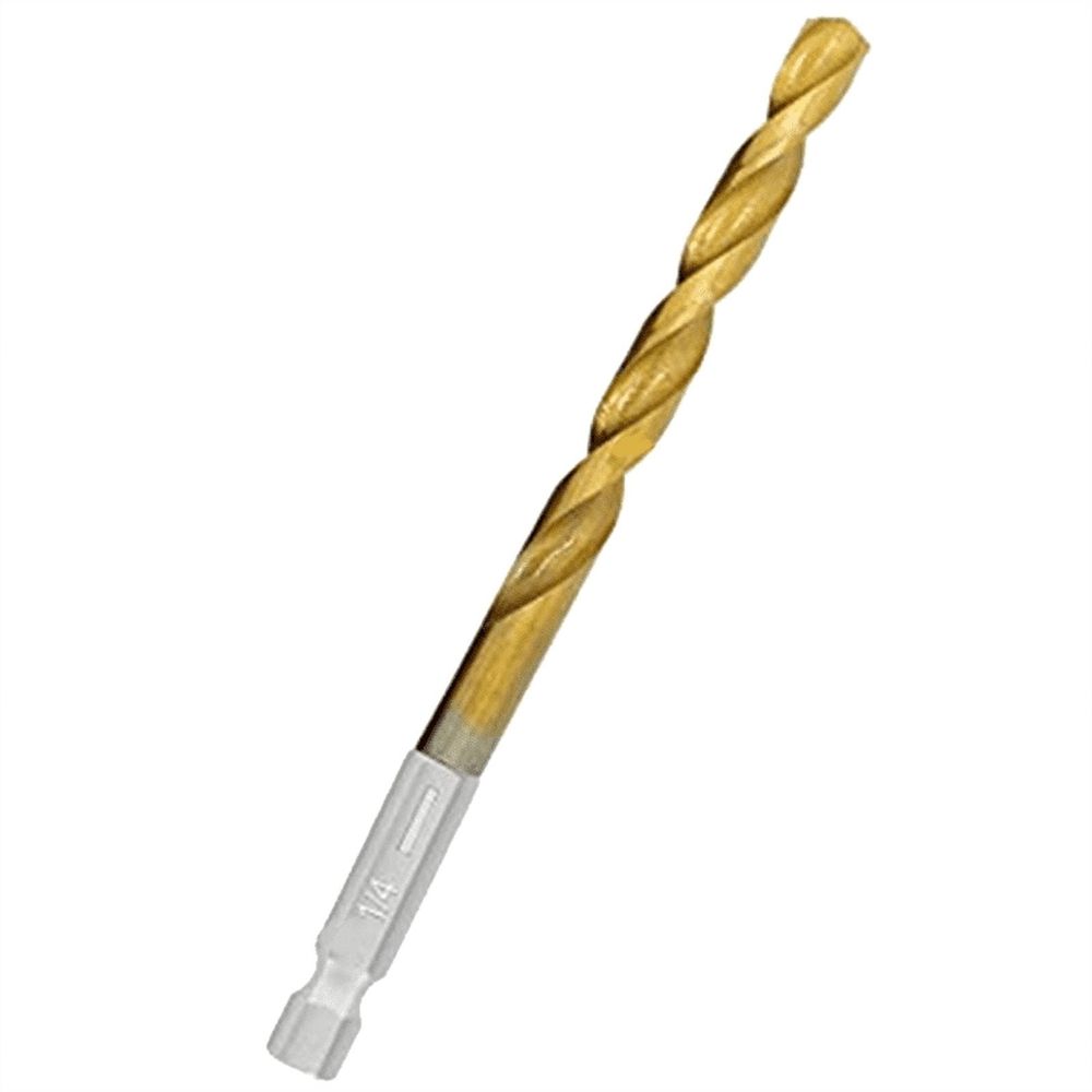 Titanium hex drill bit set with 135-degree tip for metal and wood, featuring quick change design, by Everything Baby.
