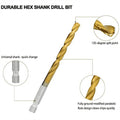 Titanium hex drill bit set with 135° tip for metal and wood, featuring quick change design, for impact drills.