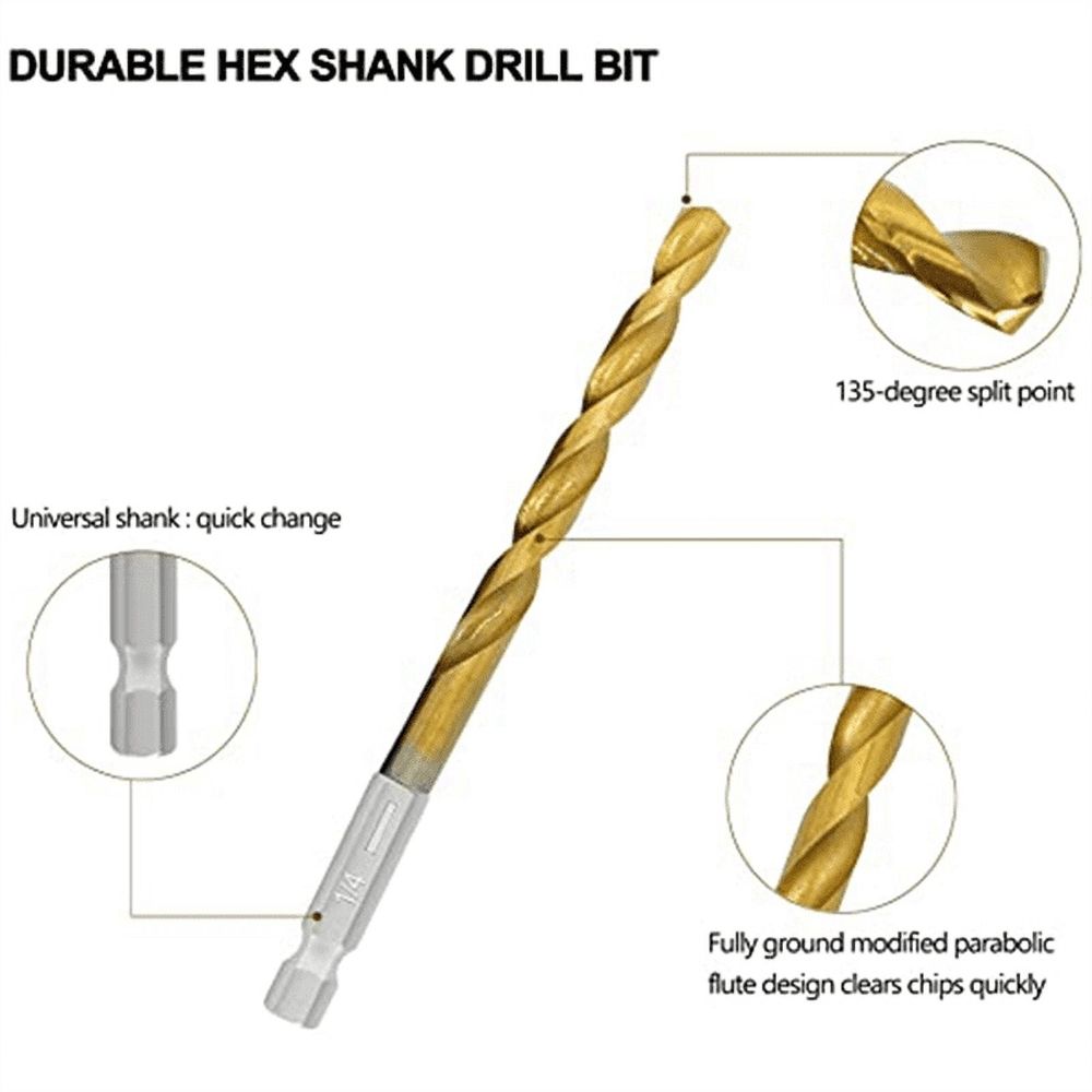 Titanium hex drill bit set with 135° tip for metal and wood, featuring quick change design, for impact drills.