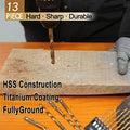 Titanium hex drill bit set with 135-degree tips for metal and wood, featuring impact-resistant HSS construction and quick change design