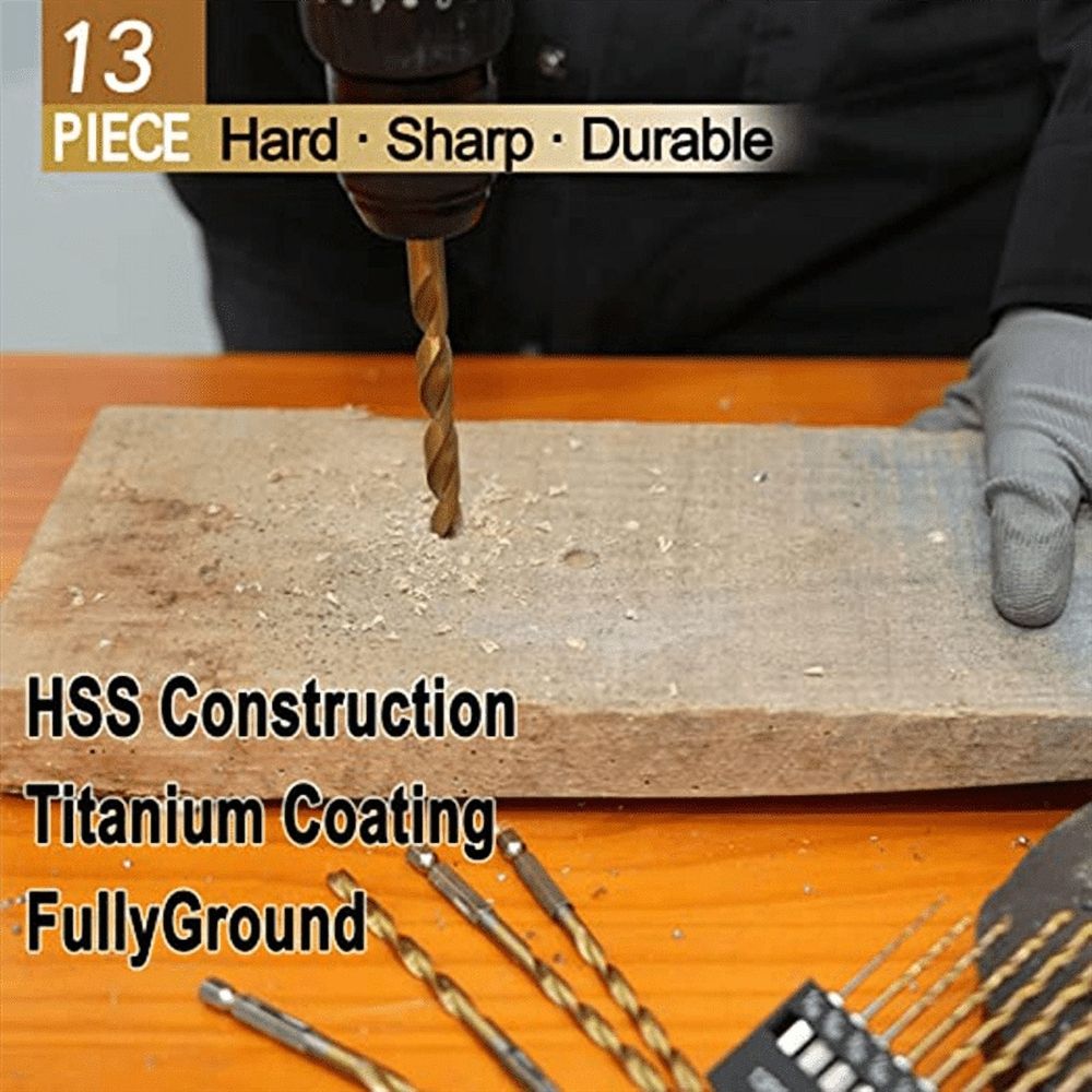 Titanium hex drill bit set with 135-degree tips for metal and wood, featuring impact-resistant HSS construction and quick change design