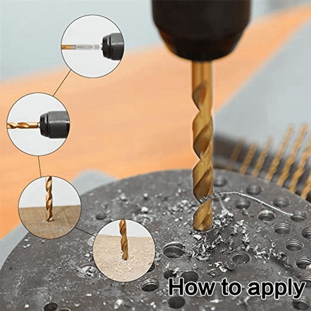 Titanium hex drill bit set with 135-degree tip for metal and wood, featuring quick change design.