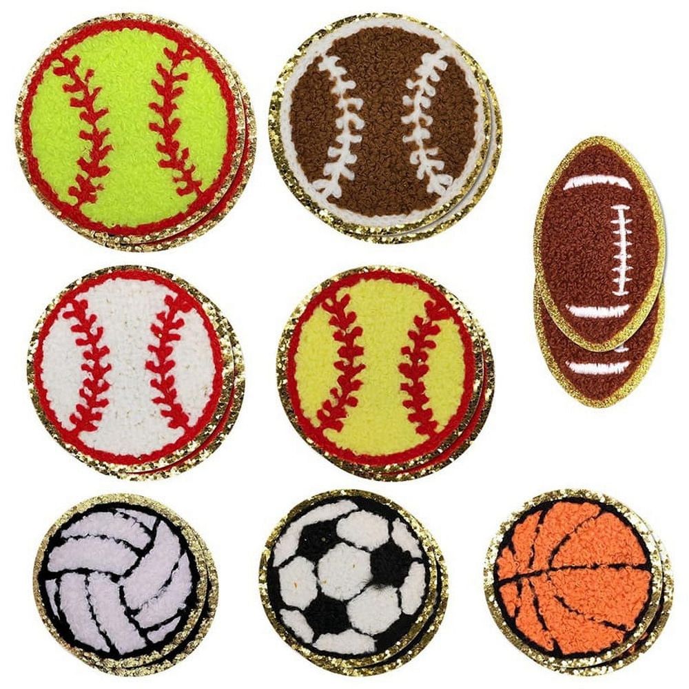 Set of 16 sports-themed iron-on patches featuring basketball, soccer, baseball, football, and volleyball designs for kids' clothing repair