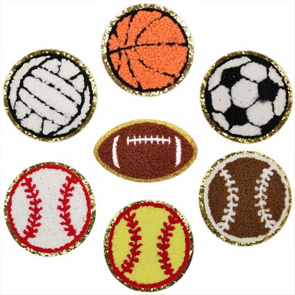 16-piece sports-themed patches featuring basketball, soccer, baseball, football, and volleyball designs for DIY clothing repair.